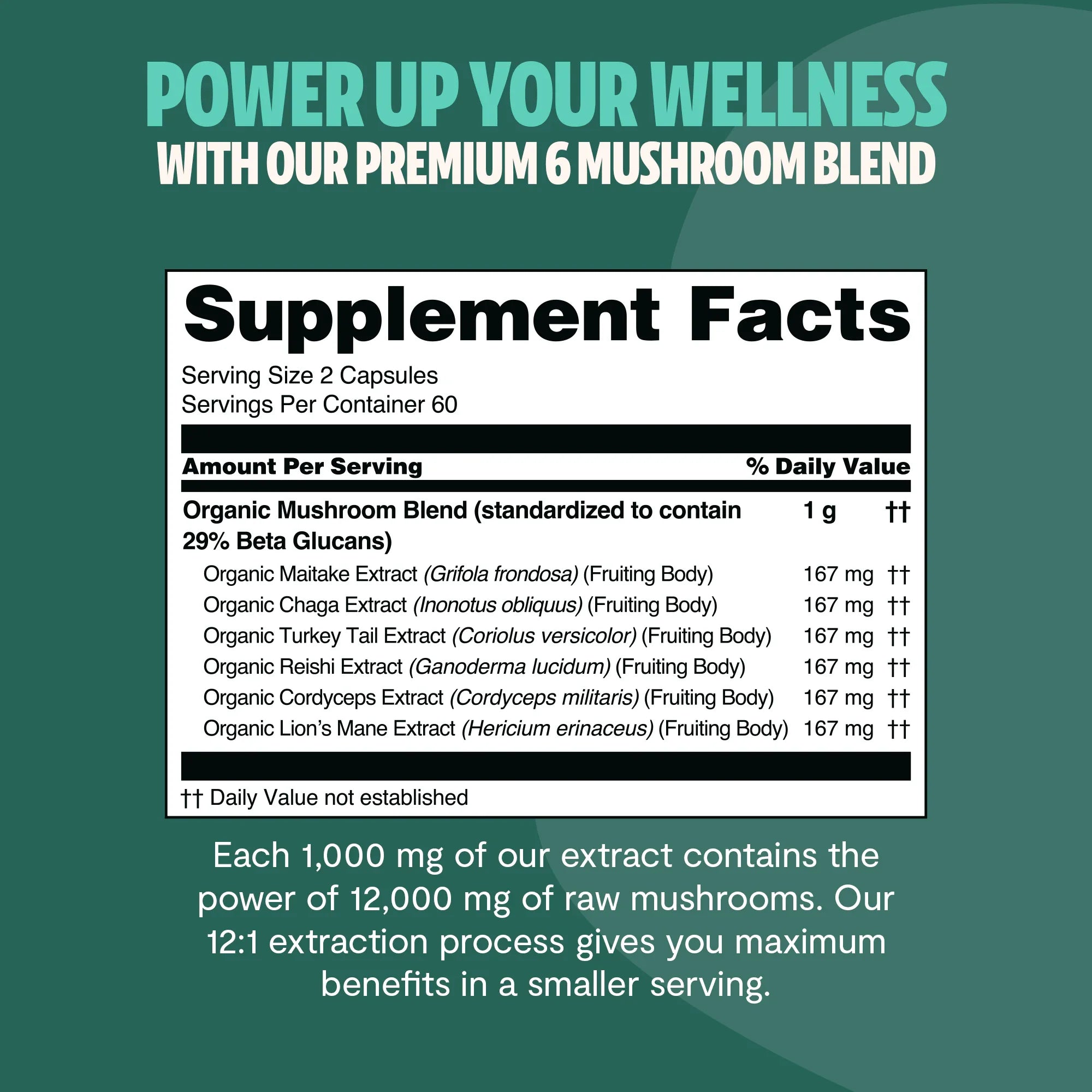 Ultimate Mushroom Complex Supplement Facts panel listing organic mushroom extracts