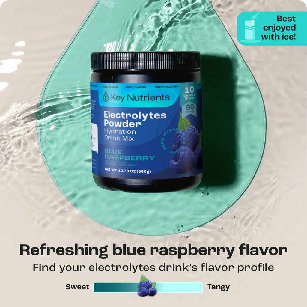 Electrolytes Powder Drink Mix tub, sugar-free Blue Raspberry, in a glass (ice shown)