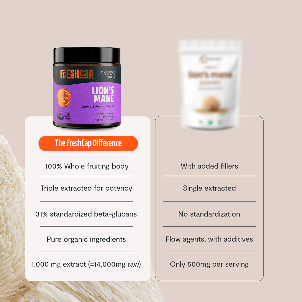 Lion’s Mane mushroom extract jar with comparison checklist on an infographic panel