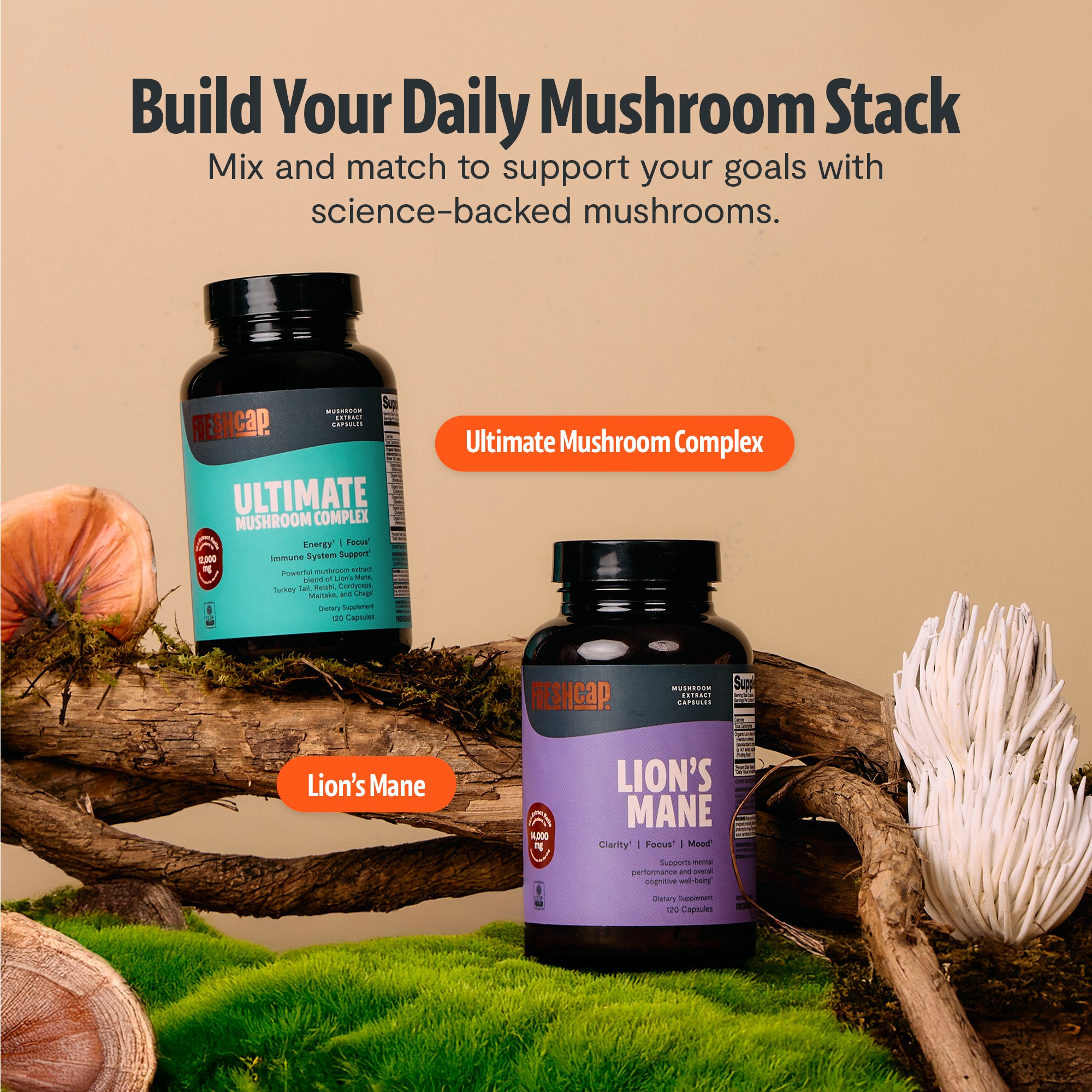 Ultimate Mushroom Complex bottles arranged on logs with mushroom caps