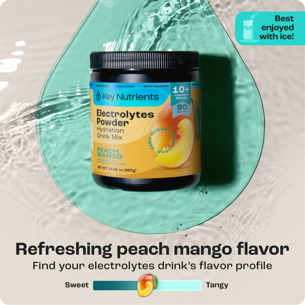Electrolytes Powder Drink Mix, sugar-free Peach Mango tub with black lid