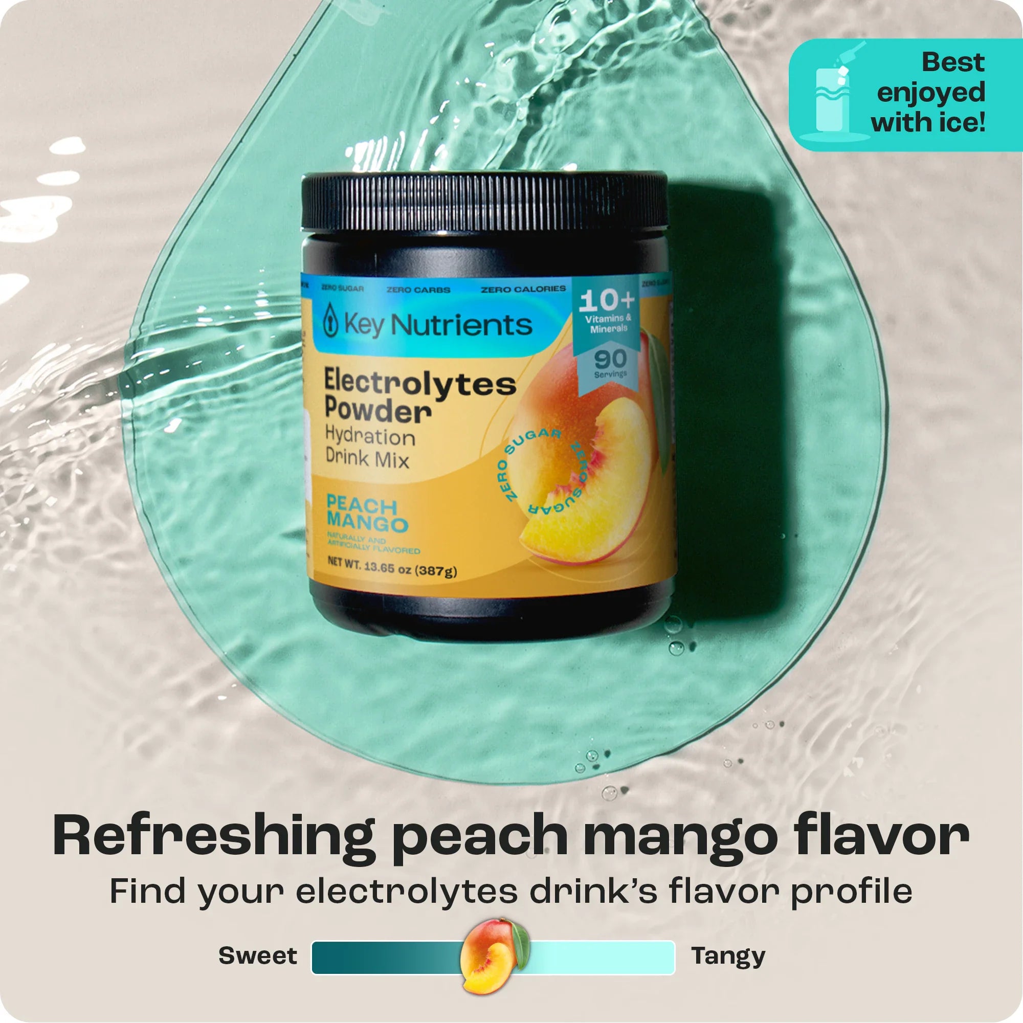 Electrolytes Powder Drink Mix, sugar-free Peach Mango tub with black lid