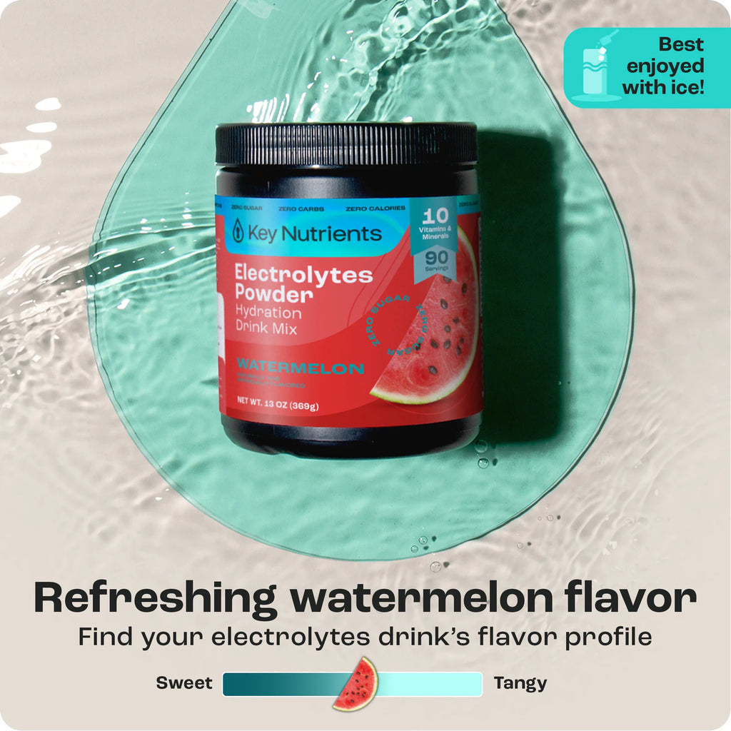 Electrolytes Powder tub with Watermelon flavor label, in a bowl with water splashes