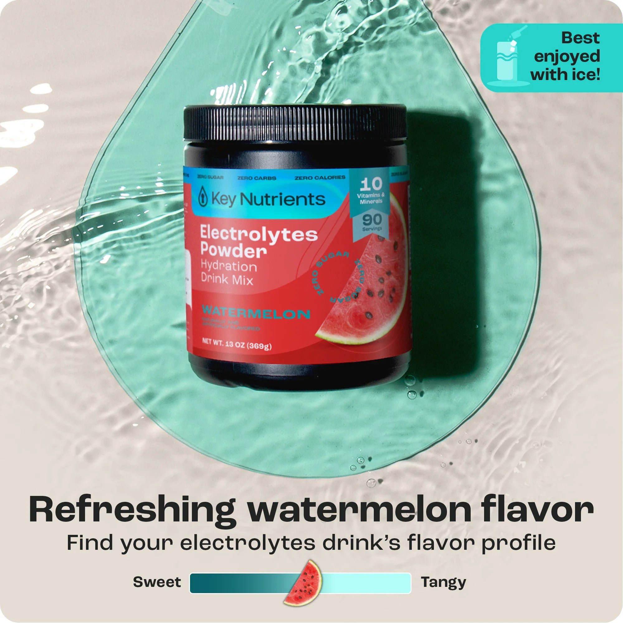 Electrolytes Powder tub with Watermelon flavor label, in a bowl with water splashes