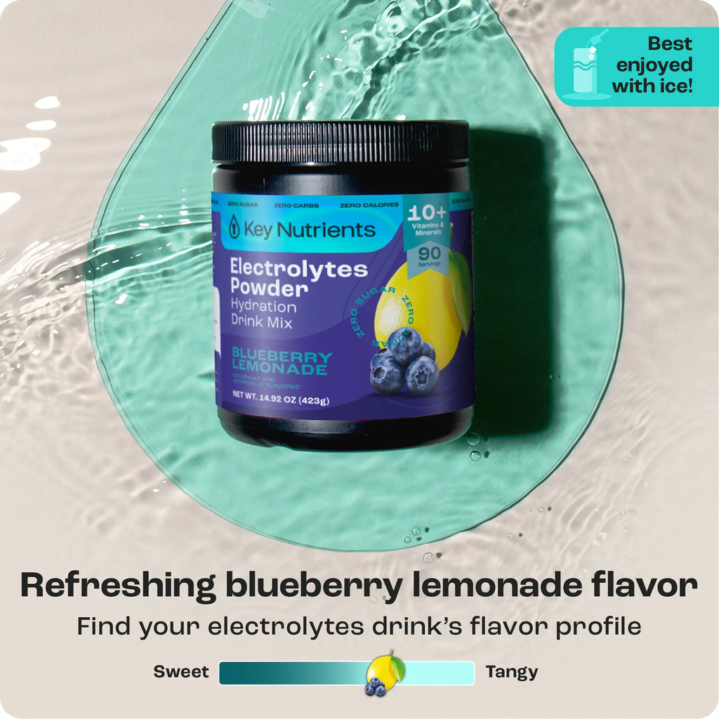 Electrolytes Powder tub, Blueberry Lemonade flavor, shown with water in a bowl