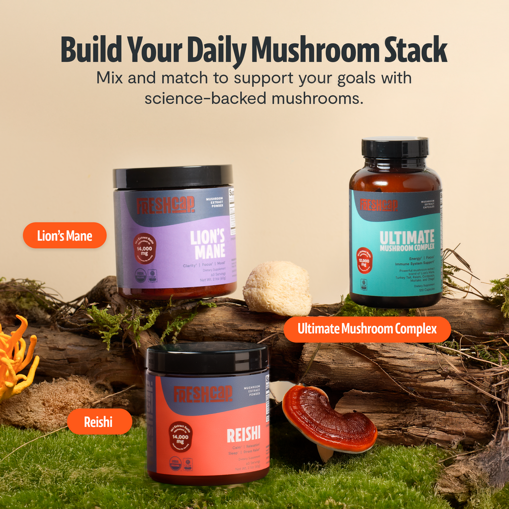 Ultimate Mushroom Complex bottle on log with mushroom pieces for daily stack