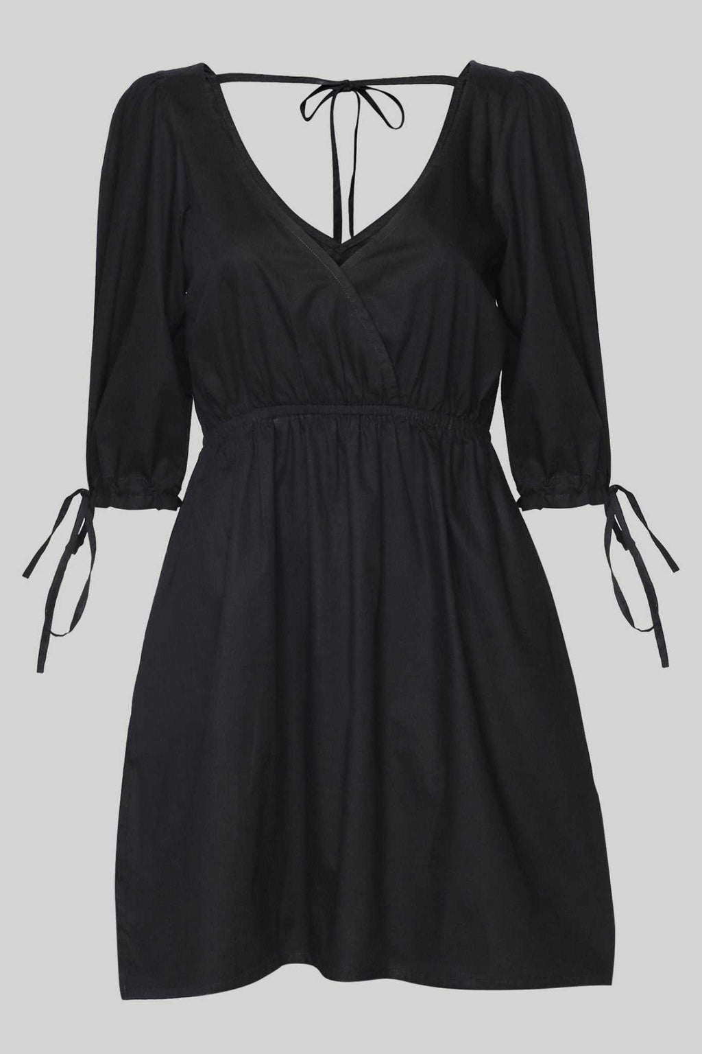 Black short dress, V-back with bow-tie straps and puffed elbow-length sleeves