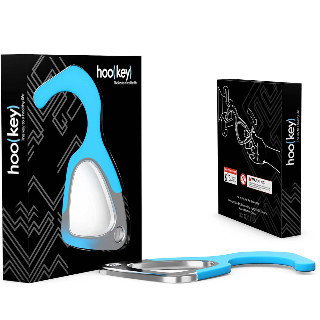 Blue no-touch keychain tool with silicone grip and metal key ring clip; retail box