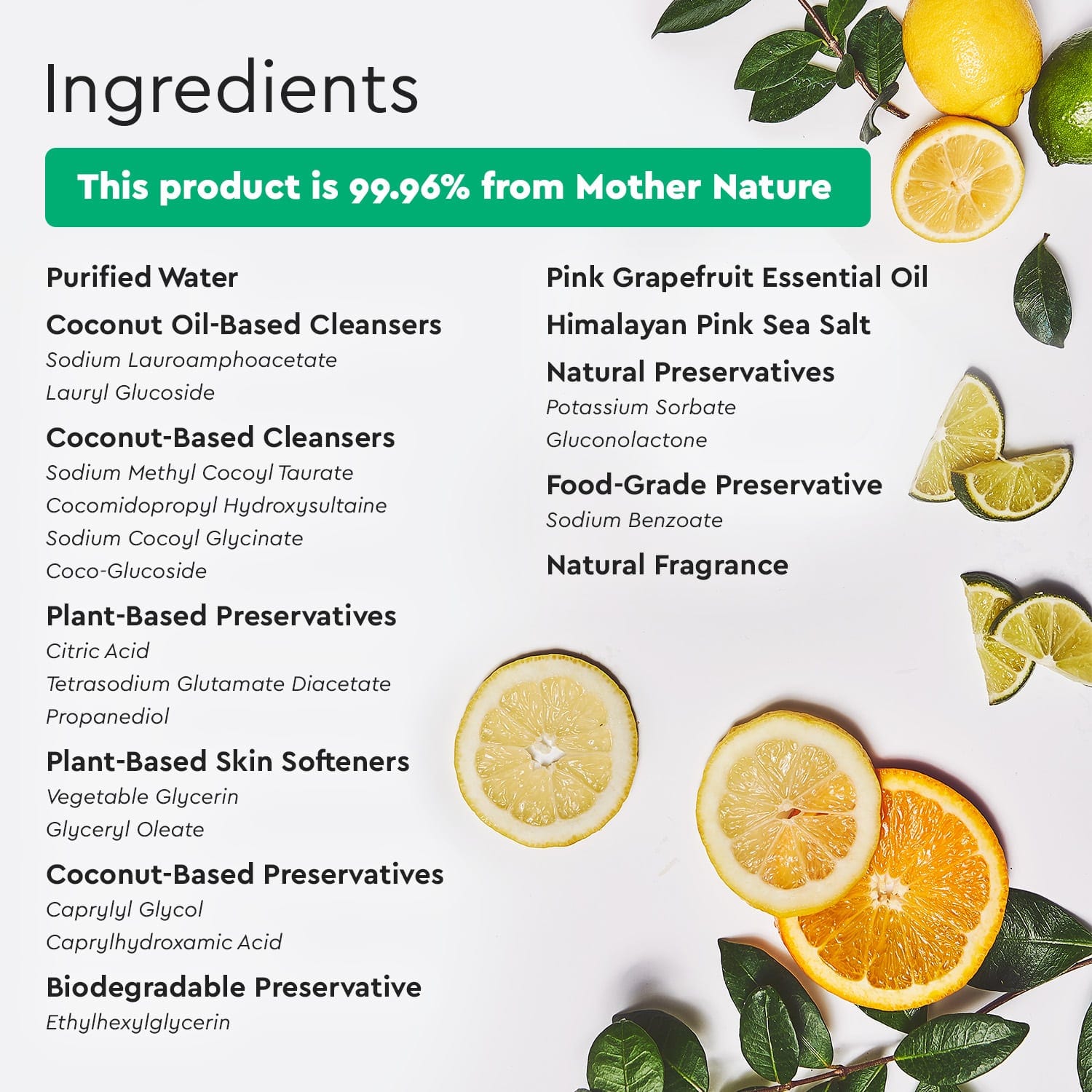Baby shampoo + body wash ingredients panel with citrus fruit graphics
