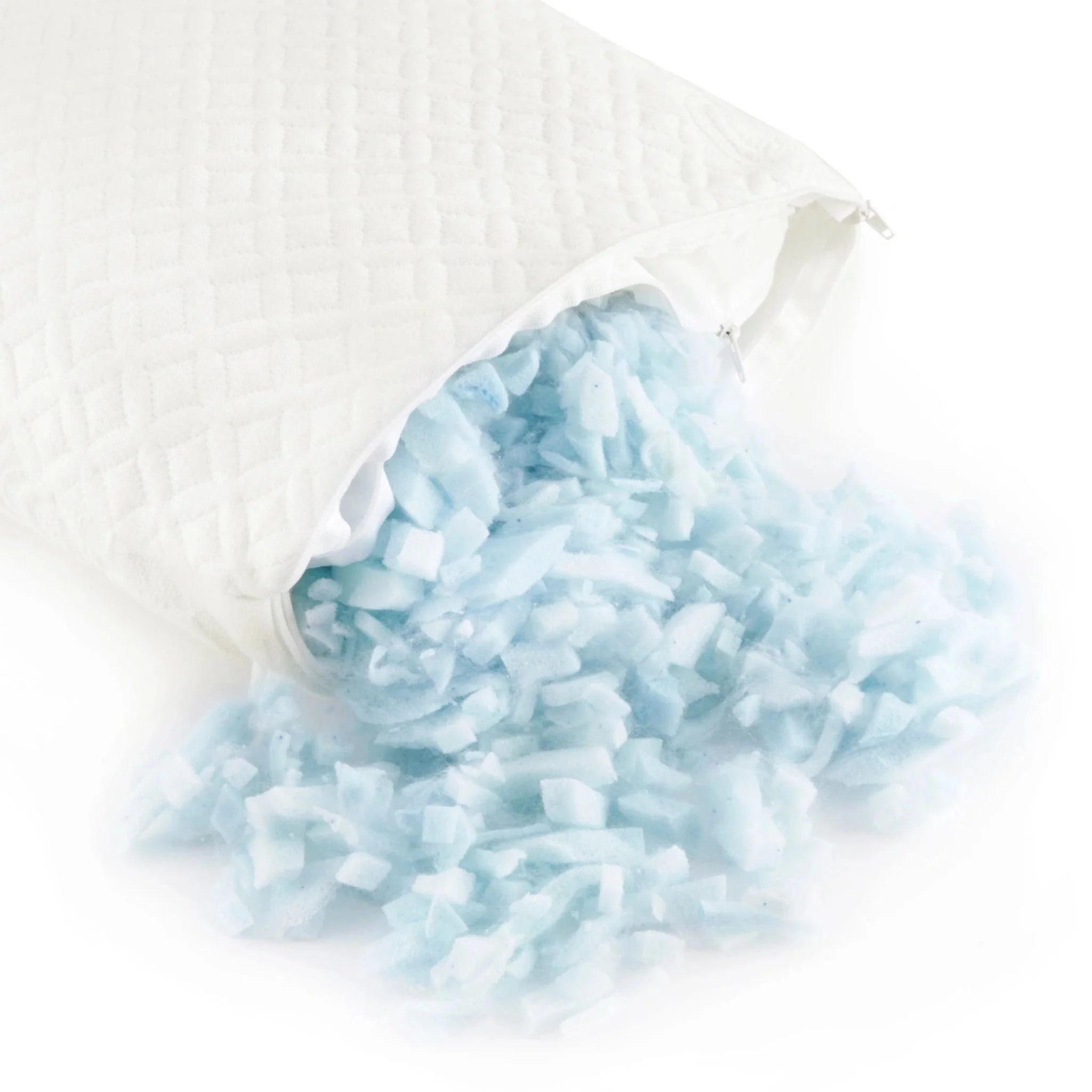 Lumbar-Kissen mit geöffnetem Reißverschluss und blauen Kühlgranulatfüllung