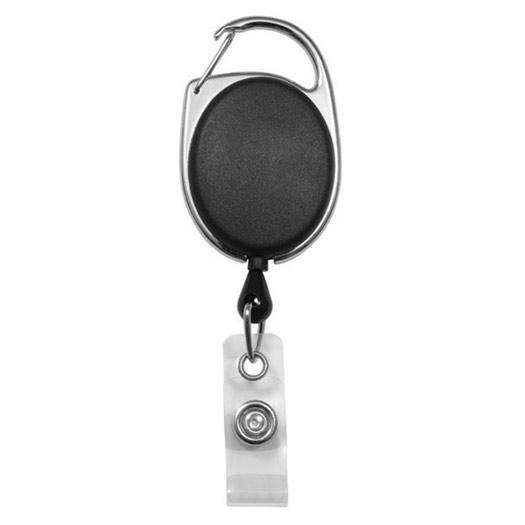Retractable keychain holder, black oval case with carabiner ring and retractor clip