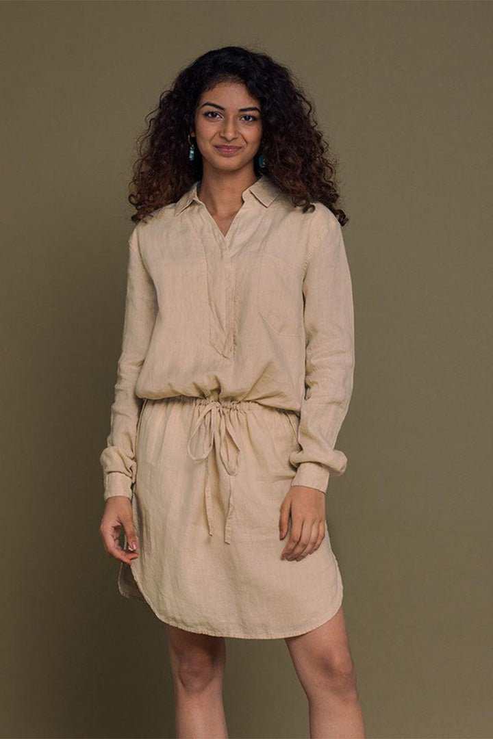 Meet Me by the Cliff Dress: neutral beige mini with waist tie and long sleeves