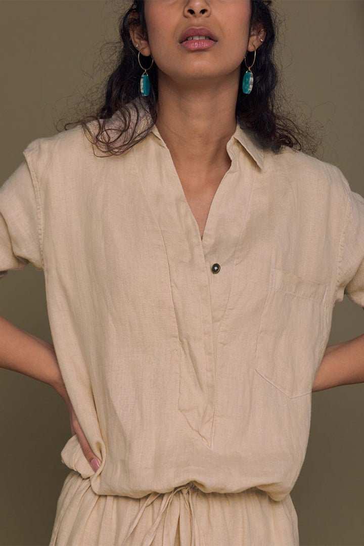 Meet Me by the Cliff Dress top half: button-up shirt collar, neutral beige