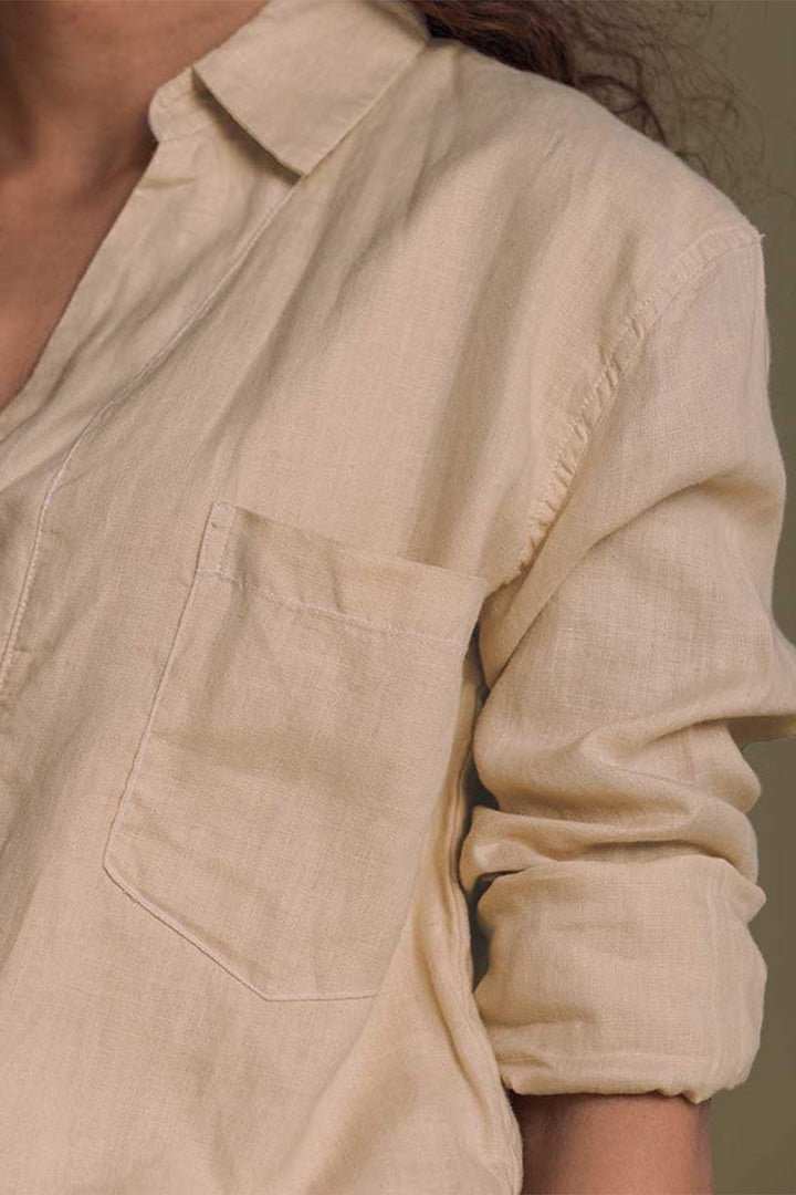 Meet Me by the Cliff Dress close-up: neutral beige button placket and chest pocket
