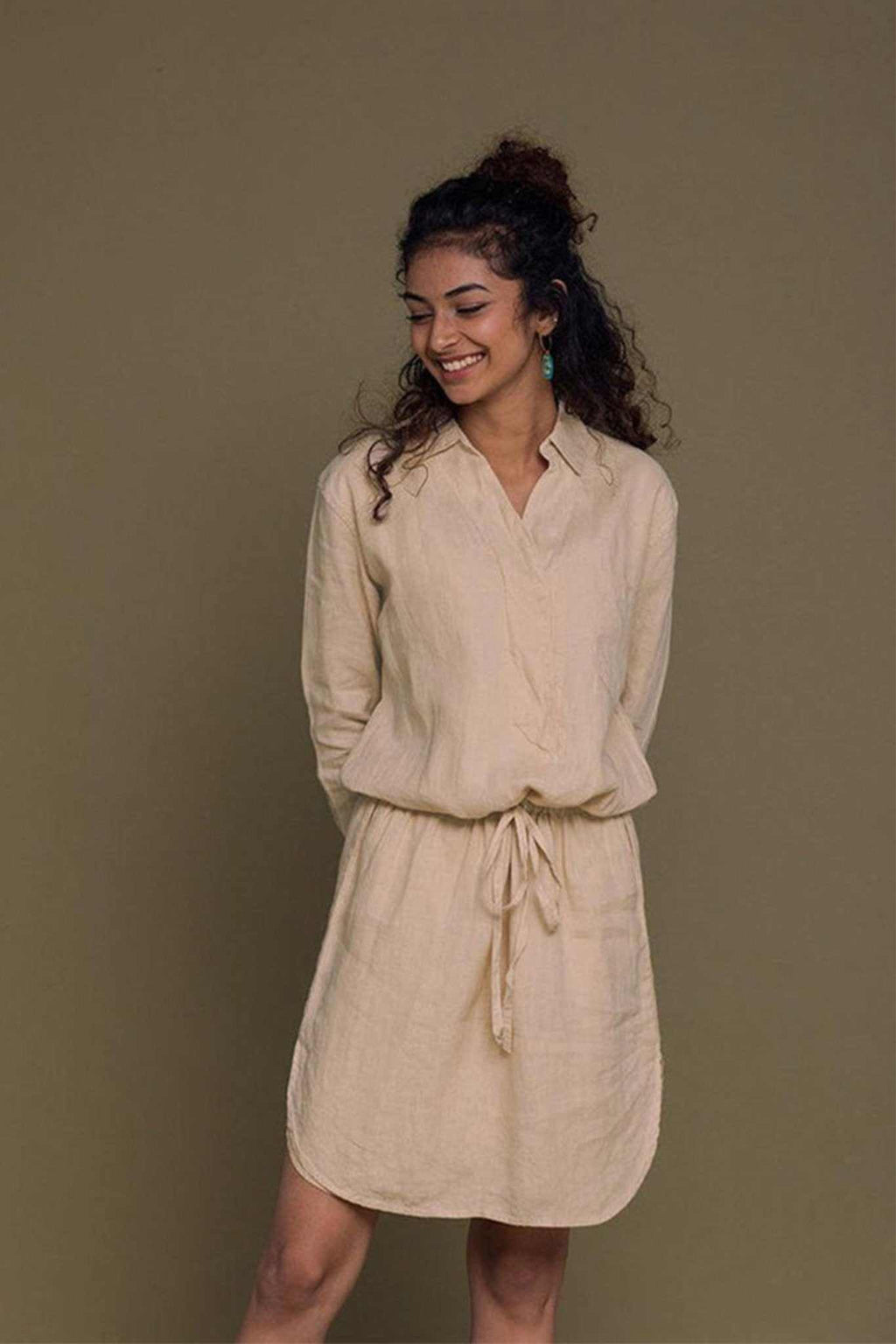 Meet Me by the Cliff Dress: neutral beige mini shirt dress with waist tie