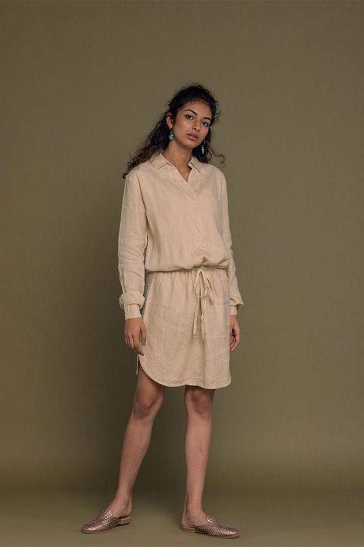 Meet Me by the Cliff Dress full length: neutral beige mini shirt dress, waist tie