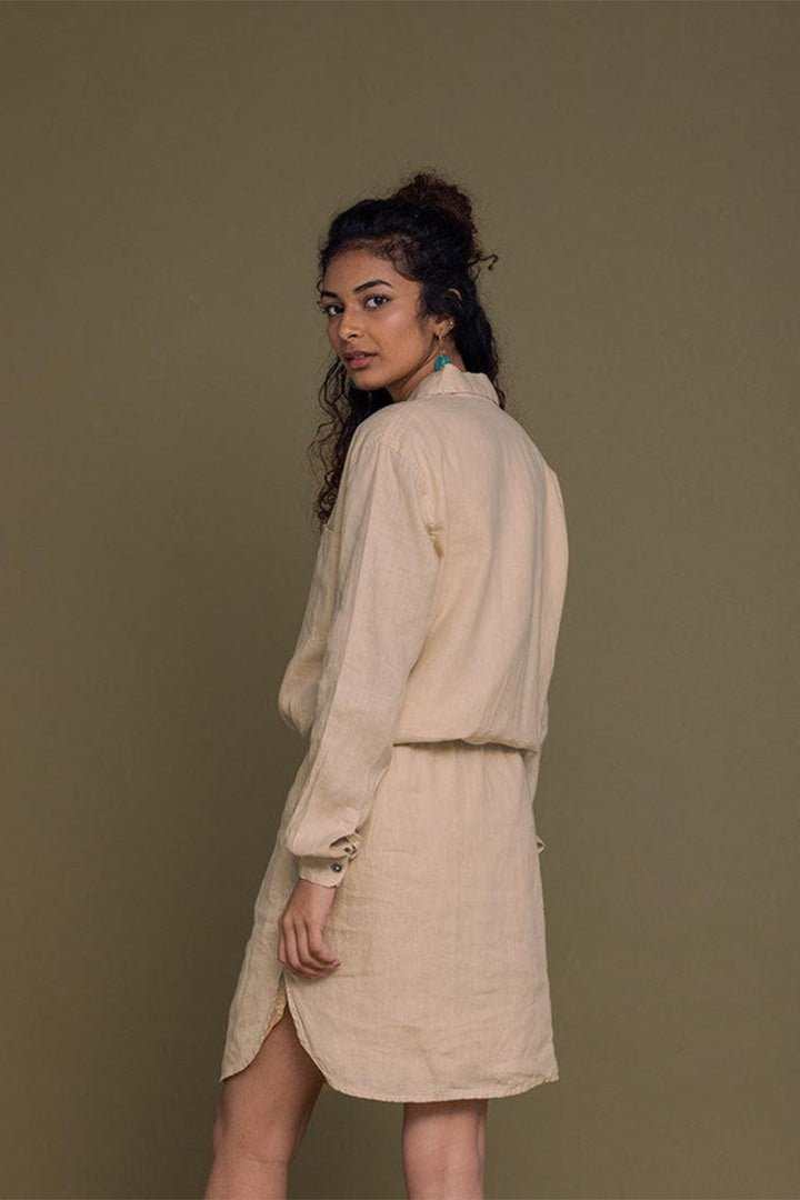 Meet Me by the Cliff Dress, neutral beige mini with long sleeves and side slit