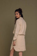 Meet Me by the Cliff Dress, neutral beige mini with long sleeves and side slit