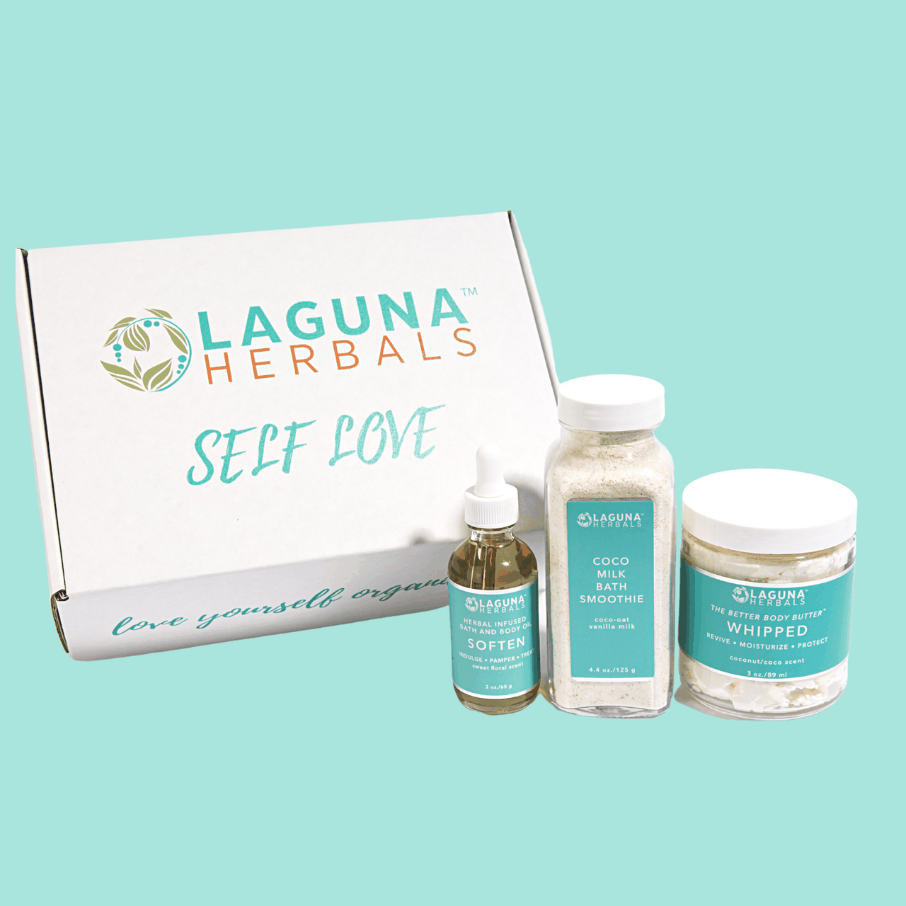 Set Laguna Herbals con frasco de aceite, exfoliante Coco Milk Bath Smoothie y crema