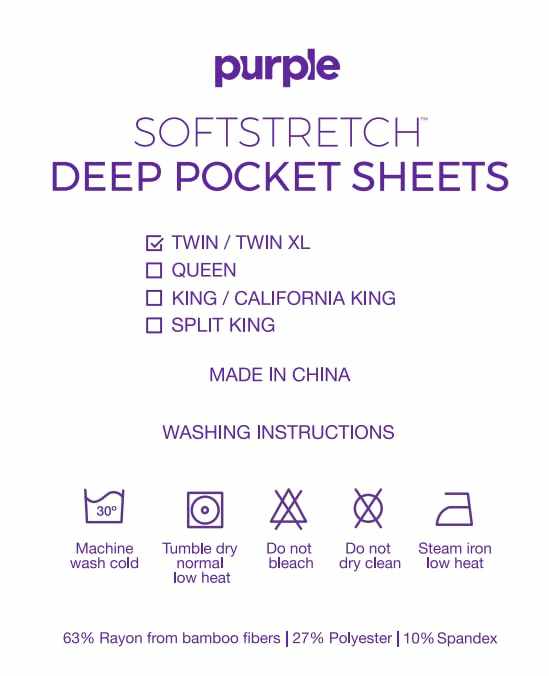 SoftStretch deep pocket sheets size options and care instructions chart