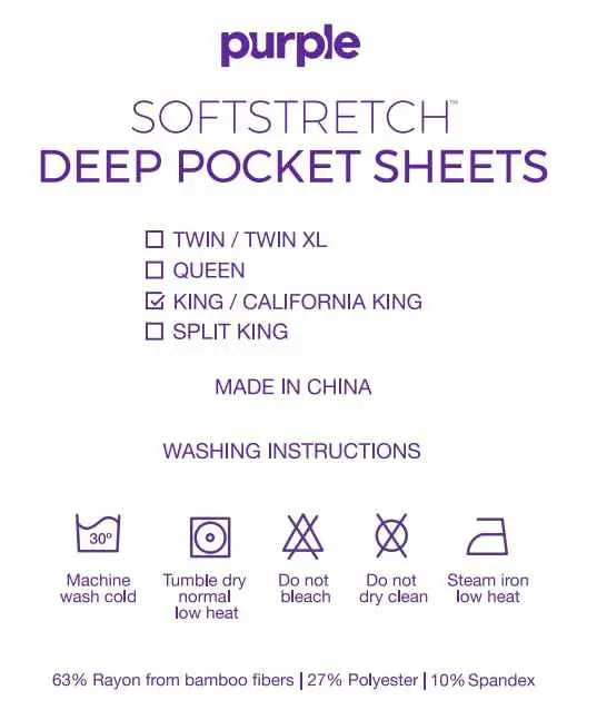 Purple SoftStretch Deep Pocket Sheets label with sizes and washing icons