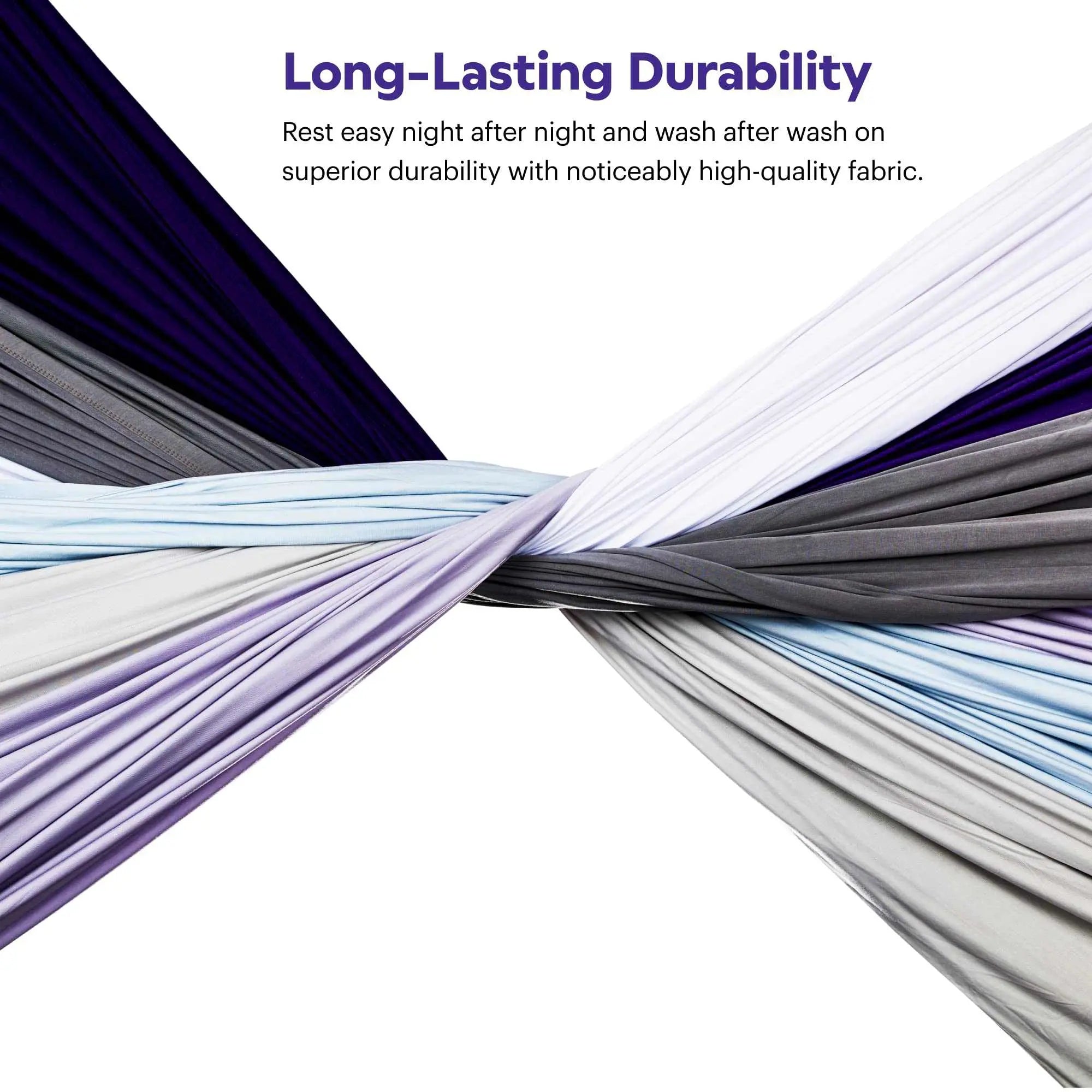 Twisted display of stormy grey and purple softstretch sheet fabric layers