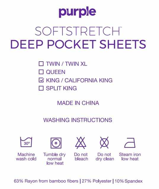 Produktetikett „purple“ SoftStretch Deep Pocket Sheets mit Größen & Pflege-Symbolen