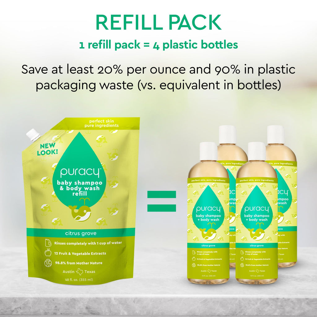 Refill pack: baby shampoo + body wash Citrus Grove pouch and 4 plastic bottles