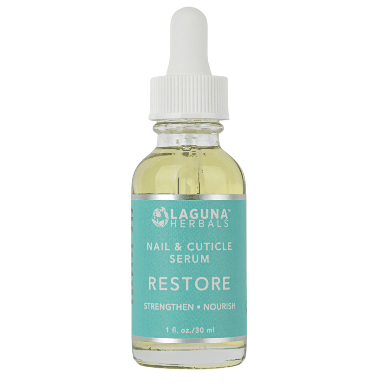 Restore nail & cuticle serum bottle in amber glass with white ribbed dropper