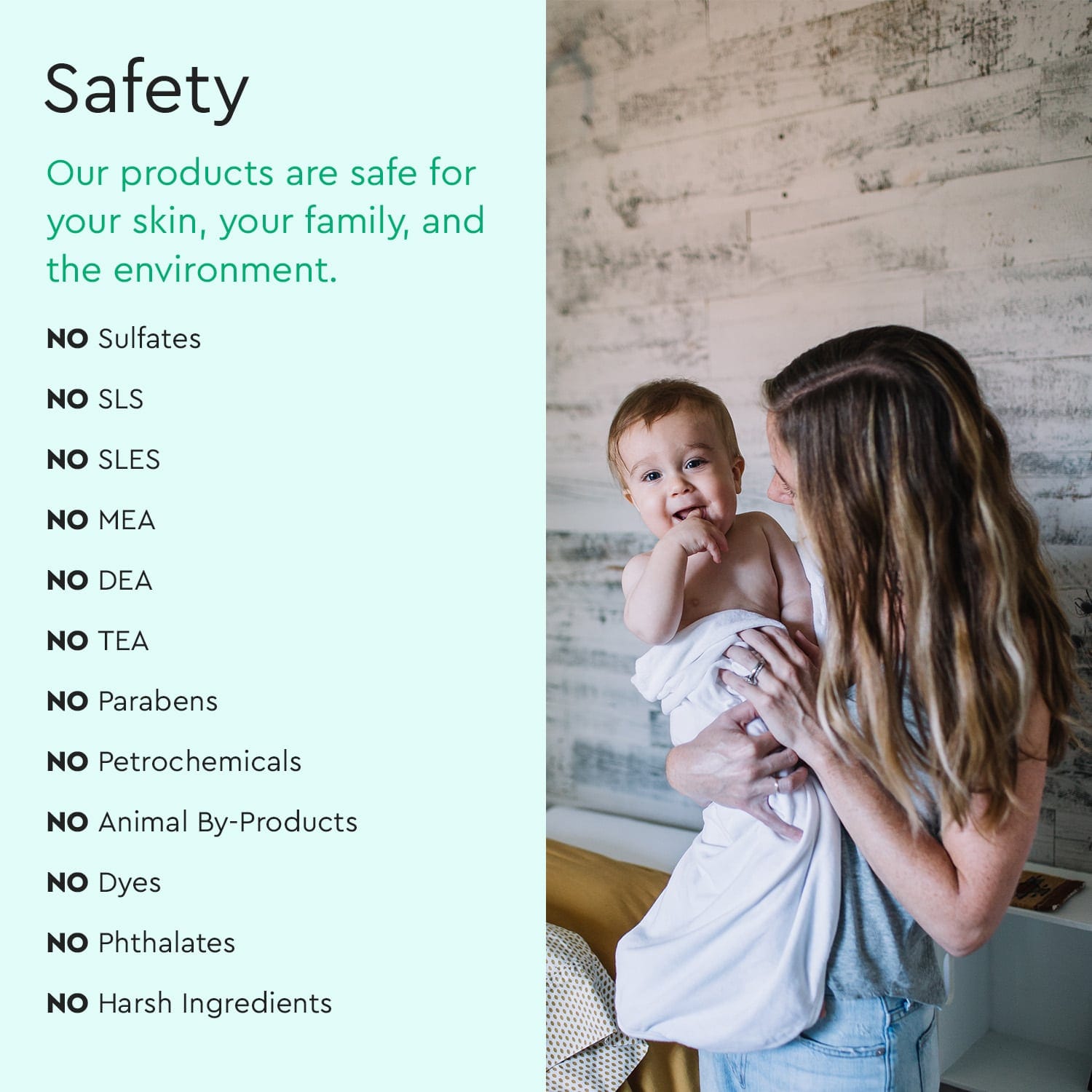 Baby shampoo + body wash safety icons next to Citrus Grove bottle