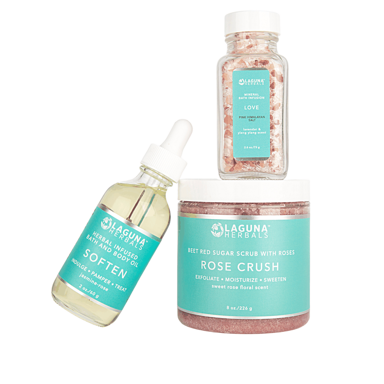 Soften herbal infused bath & body oil, Rose Crush sugar scrub, Love mineral bath infusion