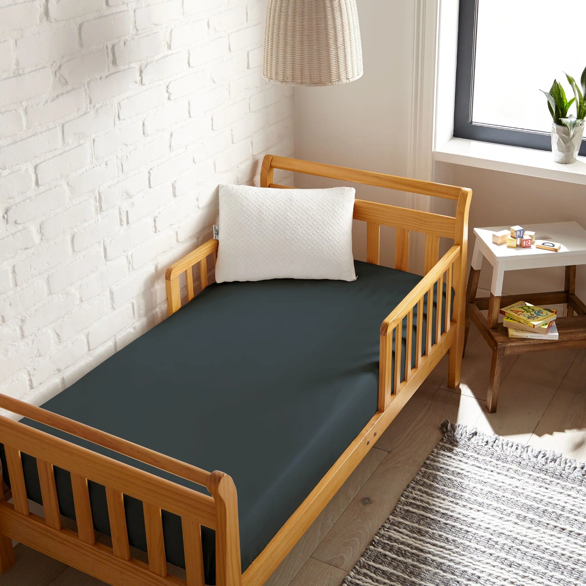 Cooling bamboo crib fitted sheet in dark slate blue-gray, smooth fitted cover