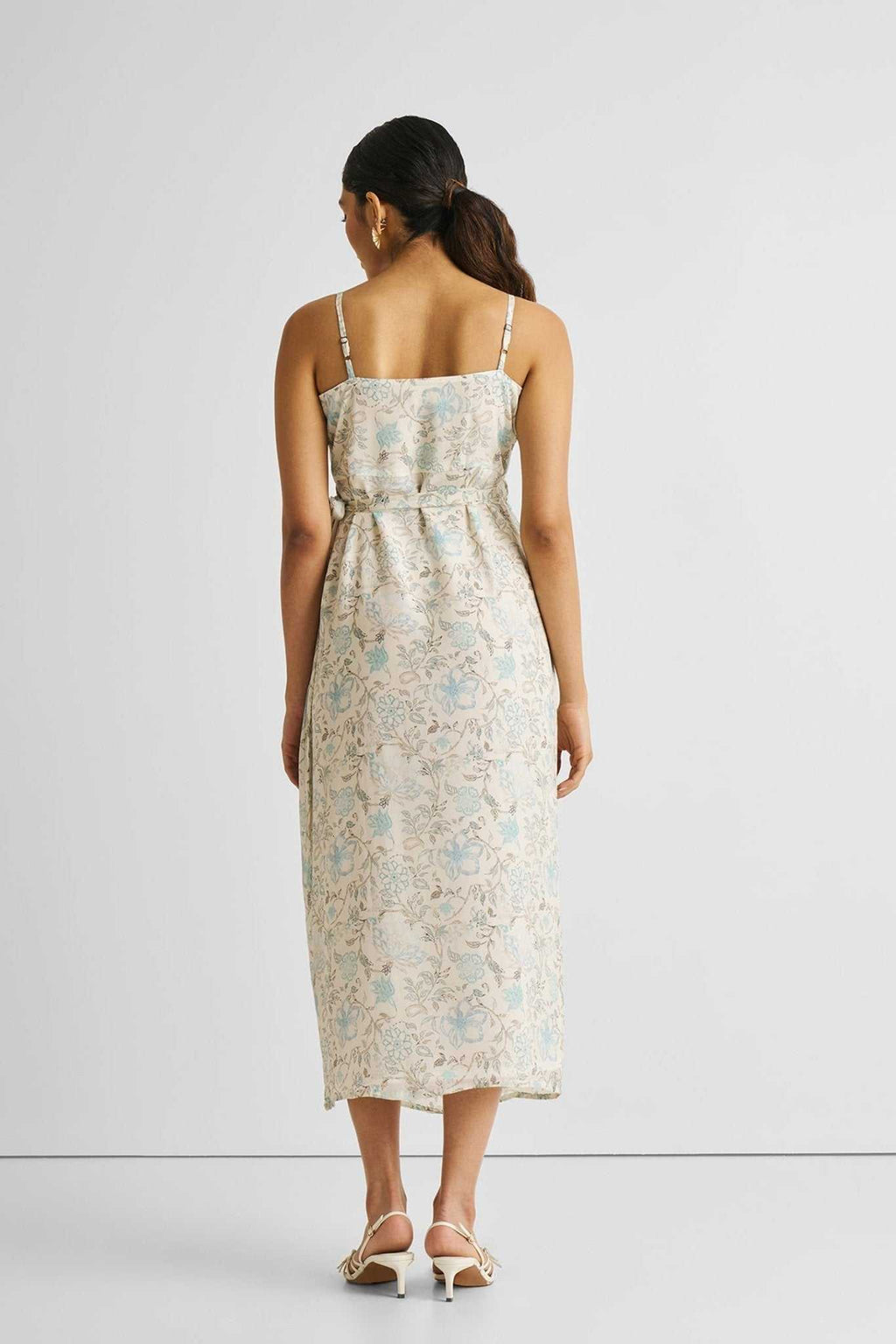 Back view strappy wrap midi dress, thin straps, gathered waist, blue floral print
