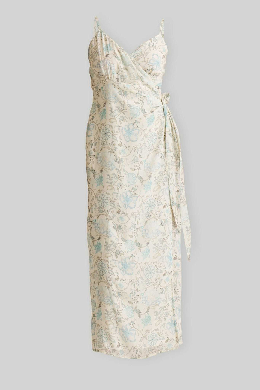Strappy wrap midi dress in blue floral print, front tie and V-neck bodice