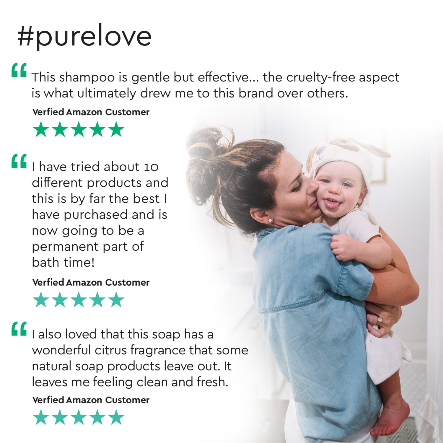 Baby shampoo + body wash (Citrus Grove) bottle with parent-and-baby testimonial layout