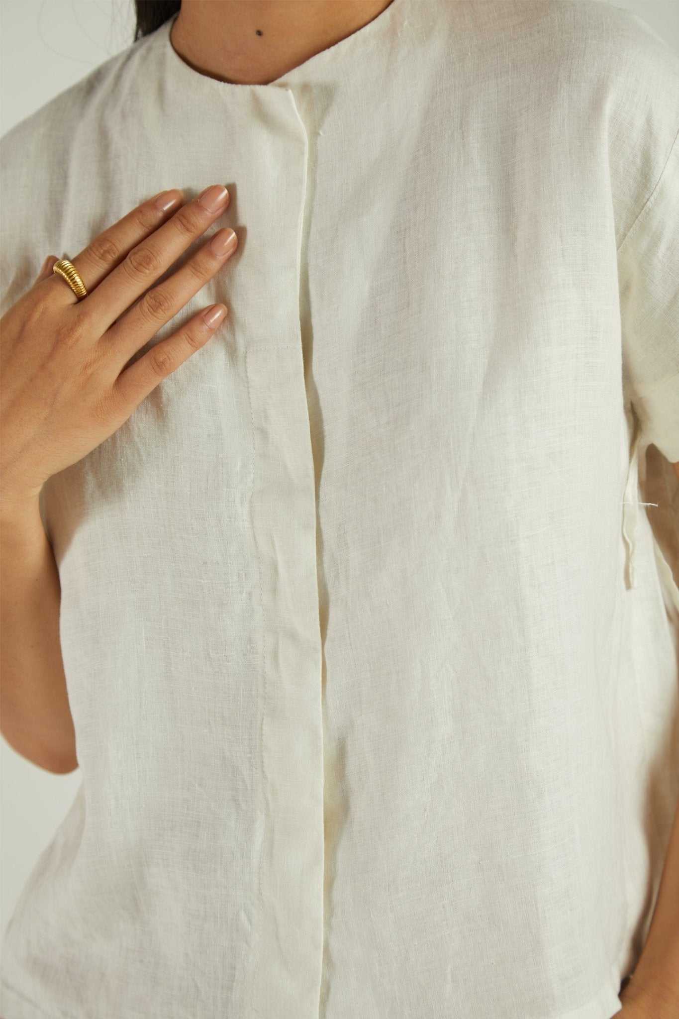 Shell off-white button-front shirt with stand collar and short sleeves