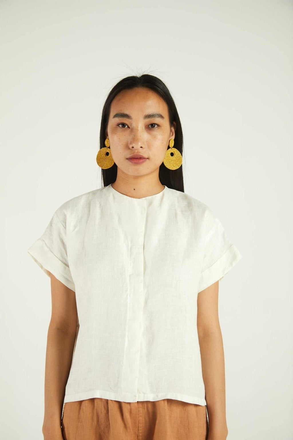 Shell off-white short-sleeve button-front blouse with stand collar