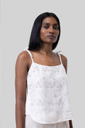 DC-Reistor white tie-up camisole with eyelet embroidery and thin shoulder ties