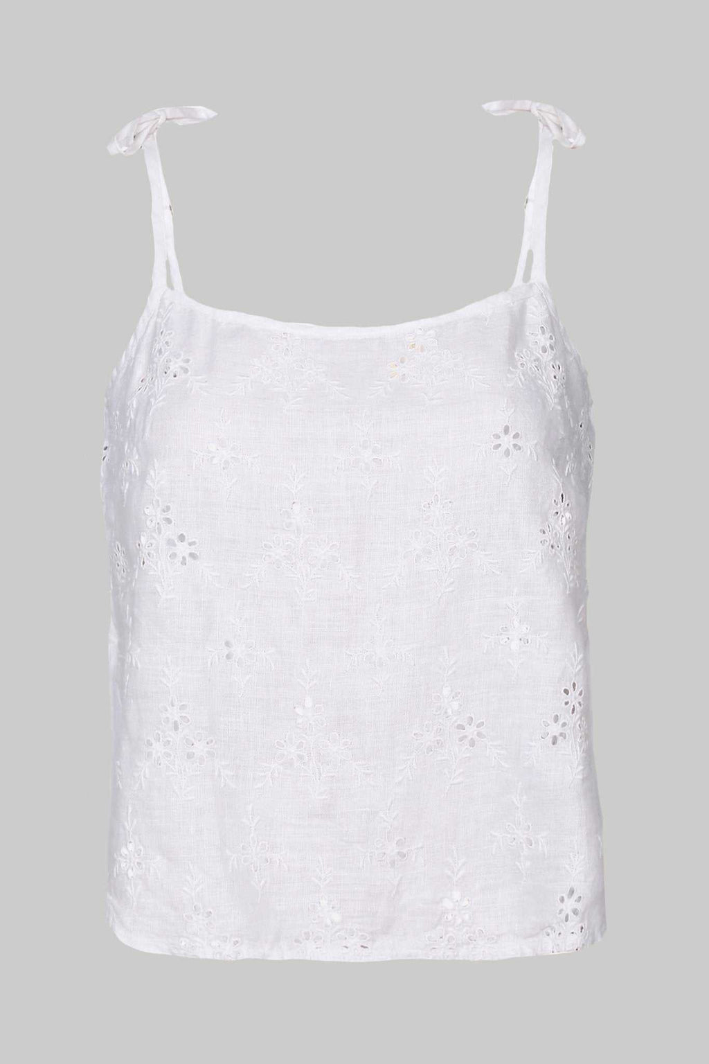 White tie-up camisole with allover eyelet embroidery and adjustable shoulder ties