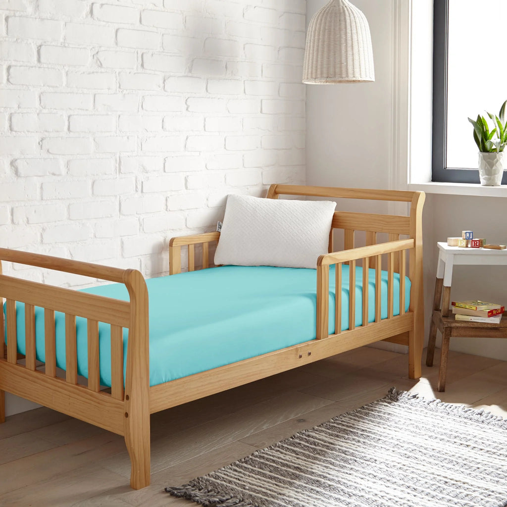 TIFFANY BLUE crib fitted sheet with smooth top and neatly fitted elastic sides.