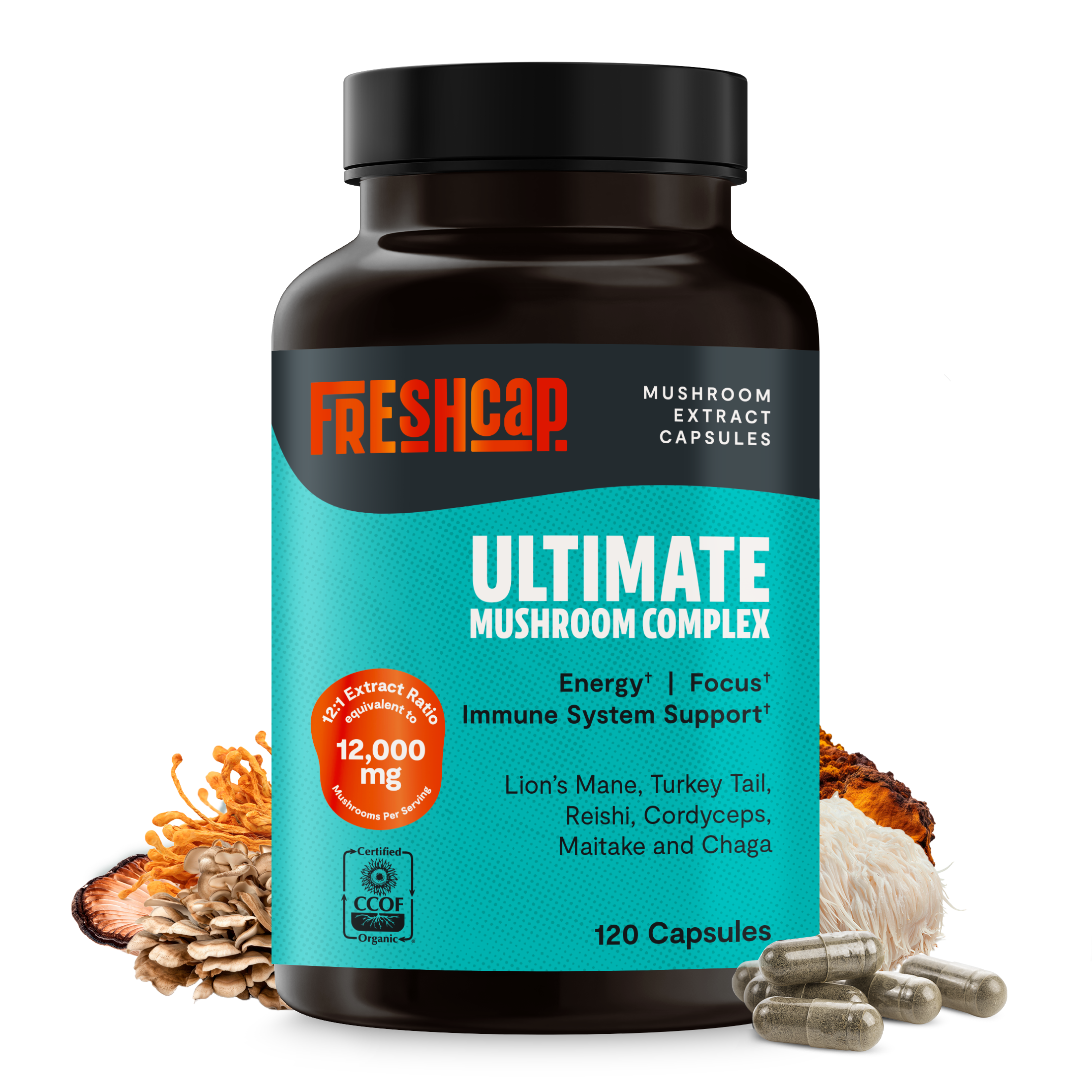 Ultimate Mushroom Complex bottle showing energy, focus, immune support and 12,000mg