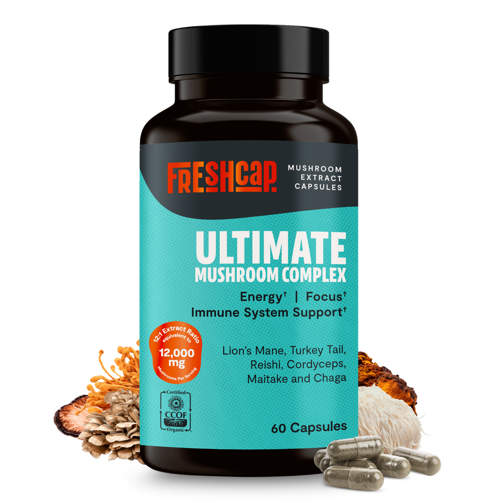 Ultimate Mushroom Complex bottle with dark cap and 60 capsules