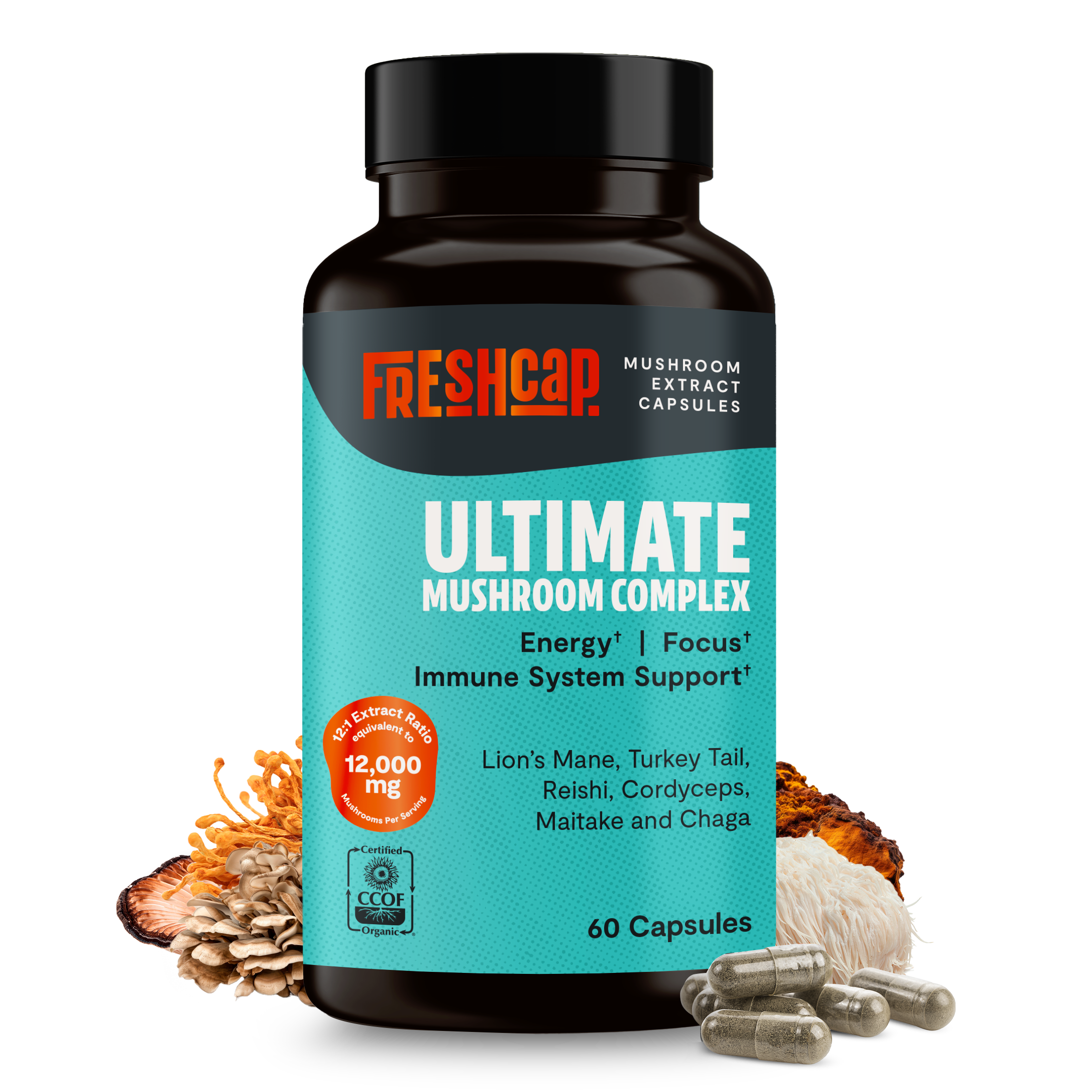 Ultimate Mushroom Complex bottle with dark cap and 60 capsules