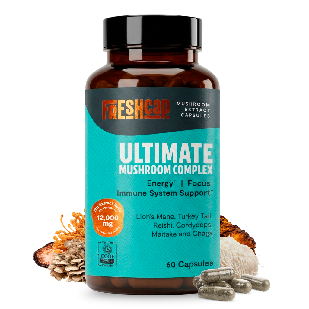 FreshCap Ultimate Mushroom Complex supplement bottle, 60 capsules, with mushroom ingredients