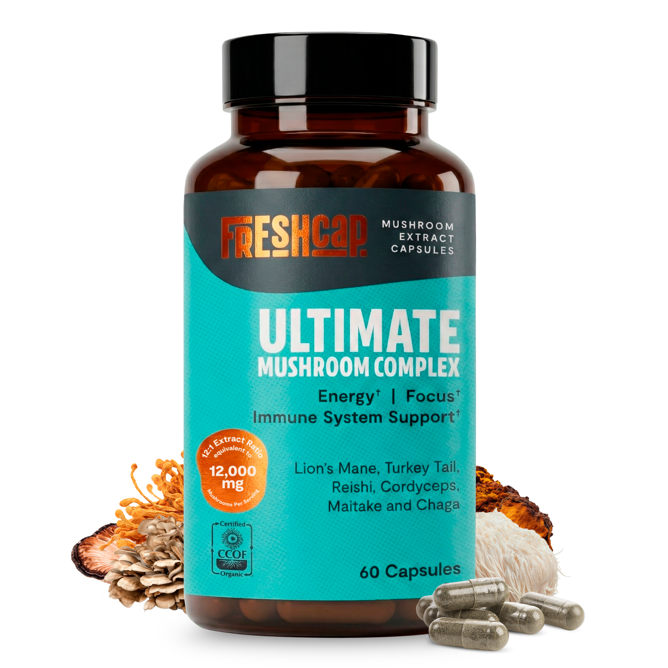 FreshCap Ultimate Mushroom Complex supplement bottle, 60 capsules, with mushroom ingredients