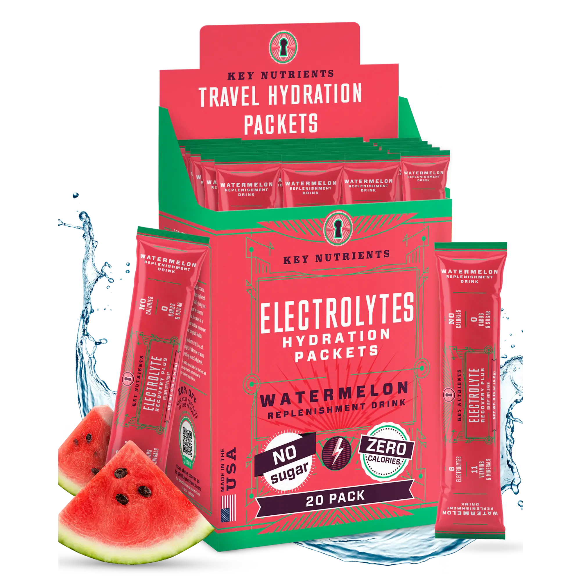 Electrolytes Hydration Packets – Watermelon, no sugar, zero calories, 20 pack