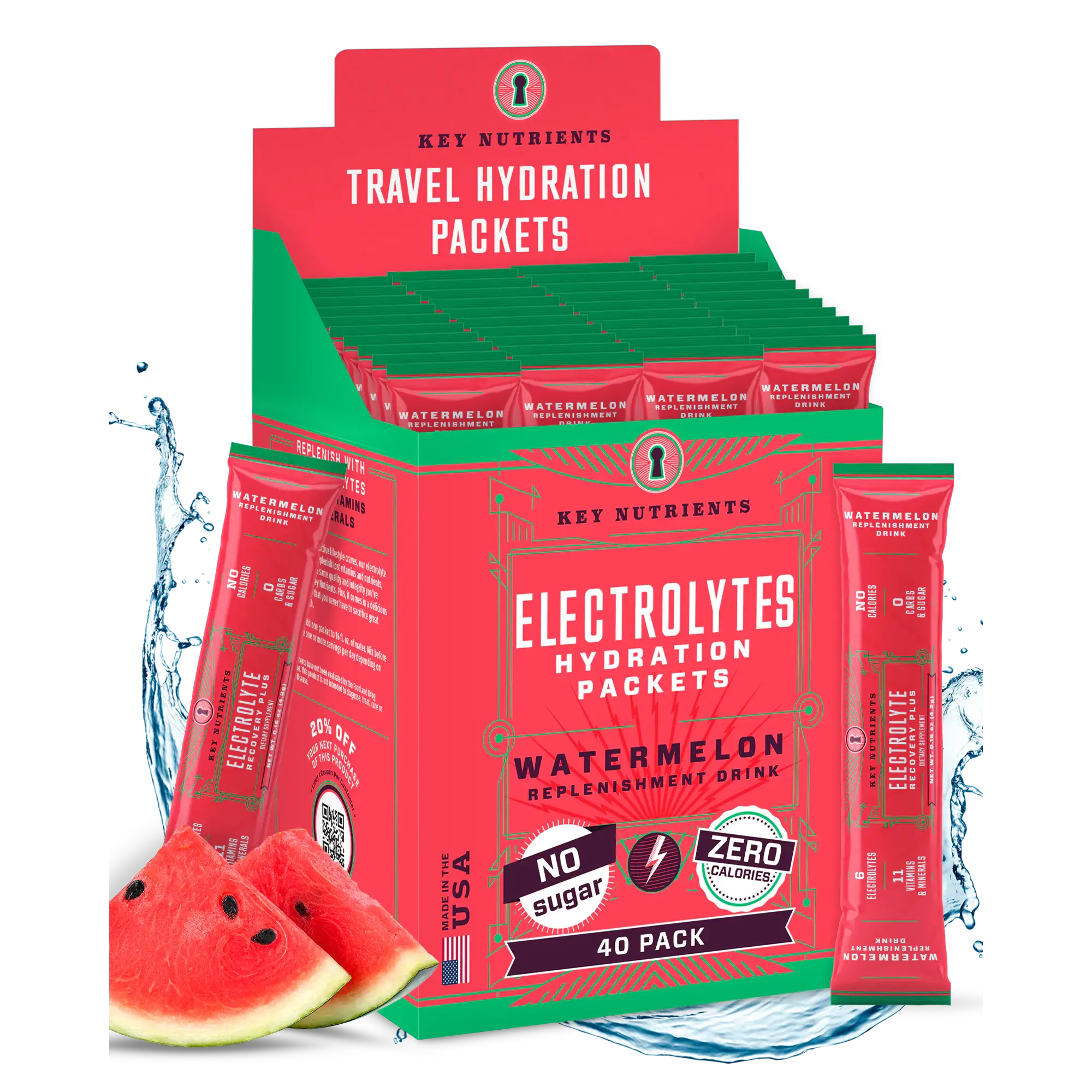 Elektrolytes Hydration Packets, Watermelon Replenishment Drink, 40 pack, zero sugar