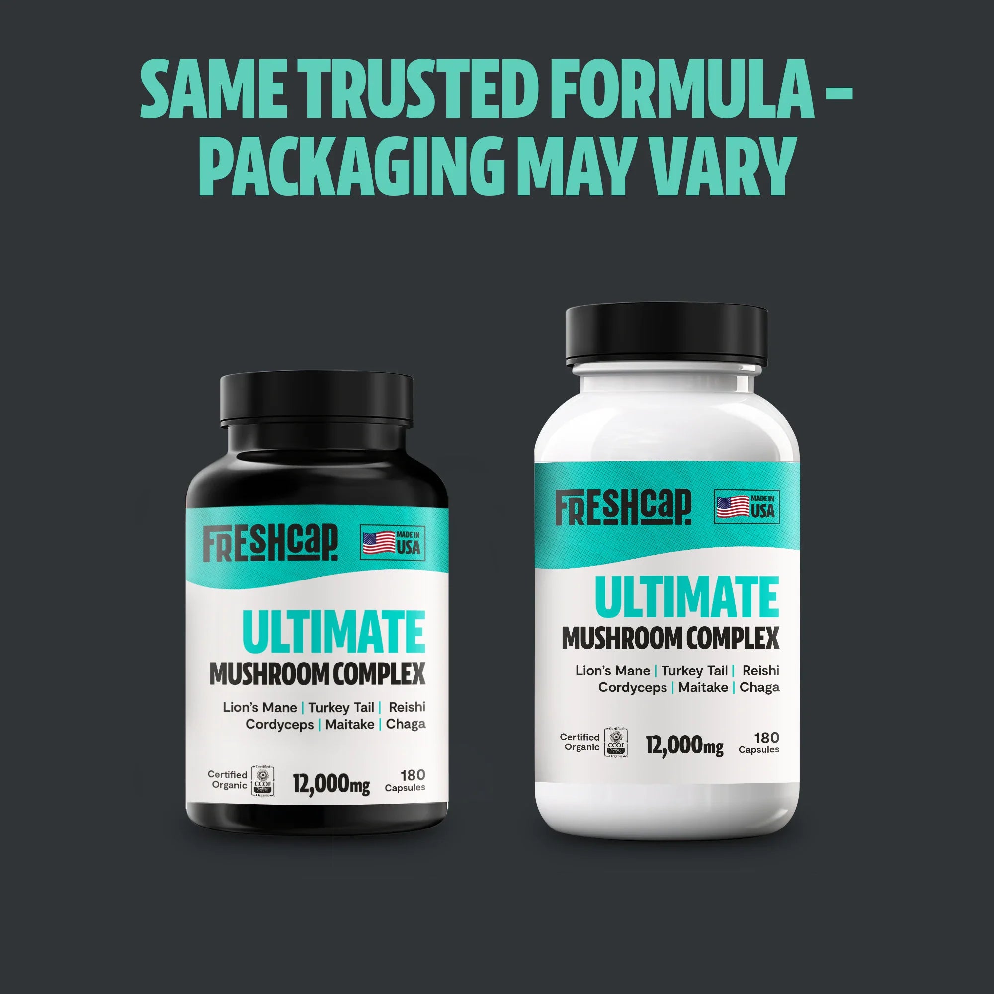 Two Ultimate Mushroom Complex bottles, black caps, teal labels on matching products