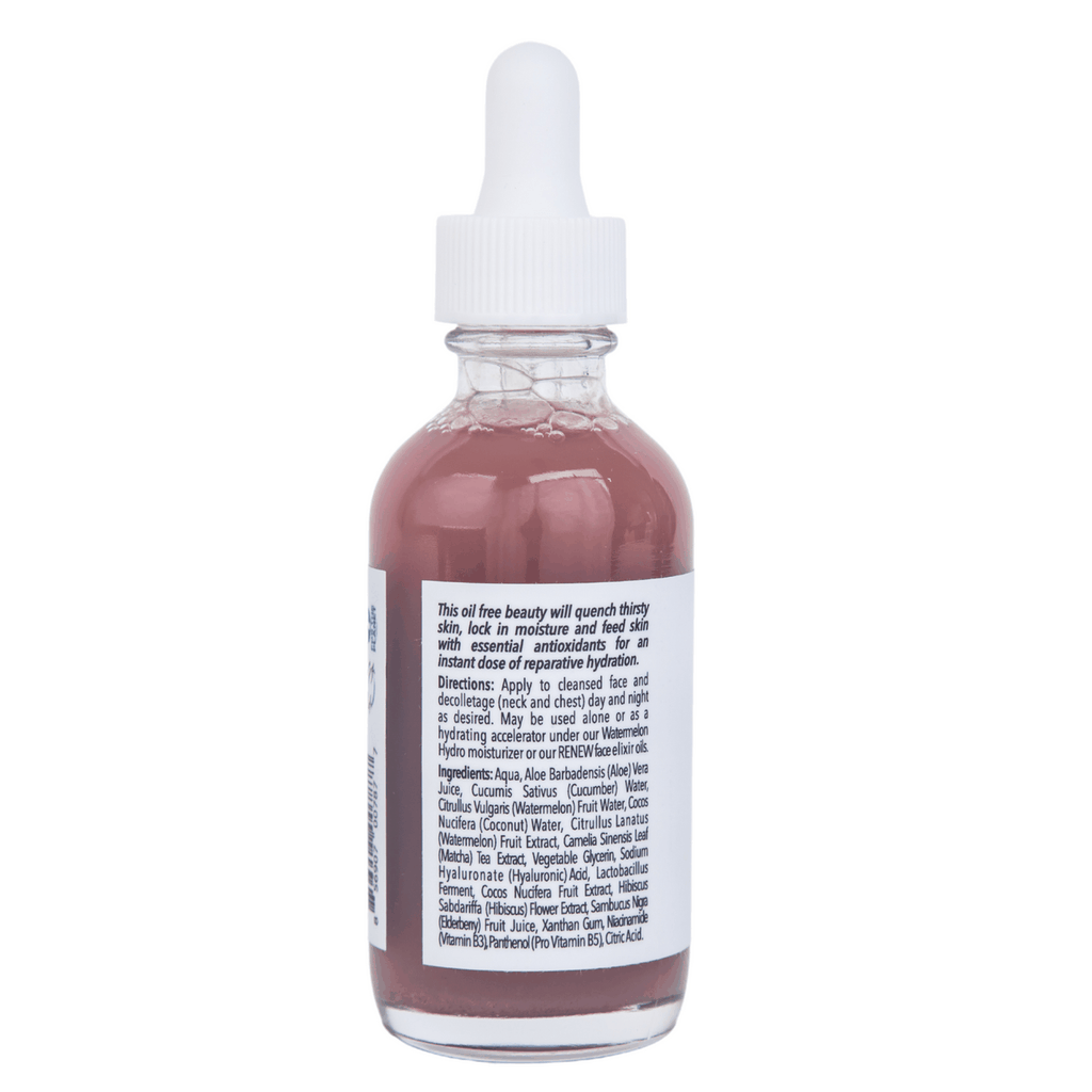 Watermelon Drops gel hydrator serum bottle, back label with ingredients and directions