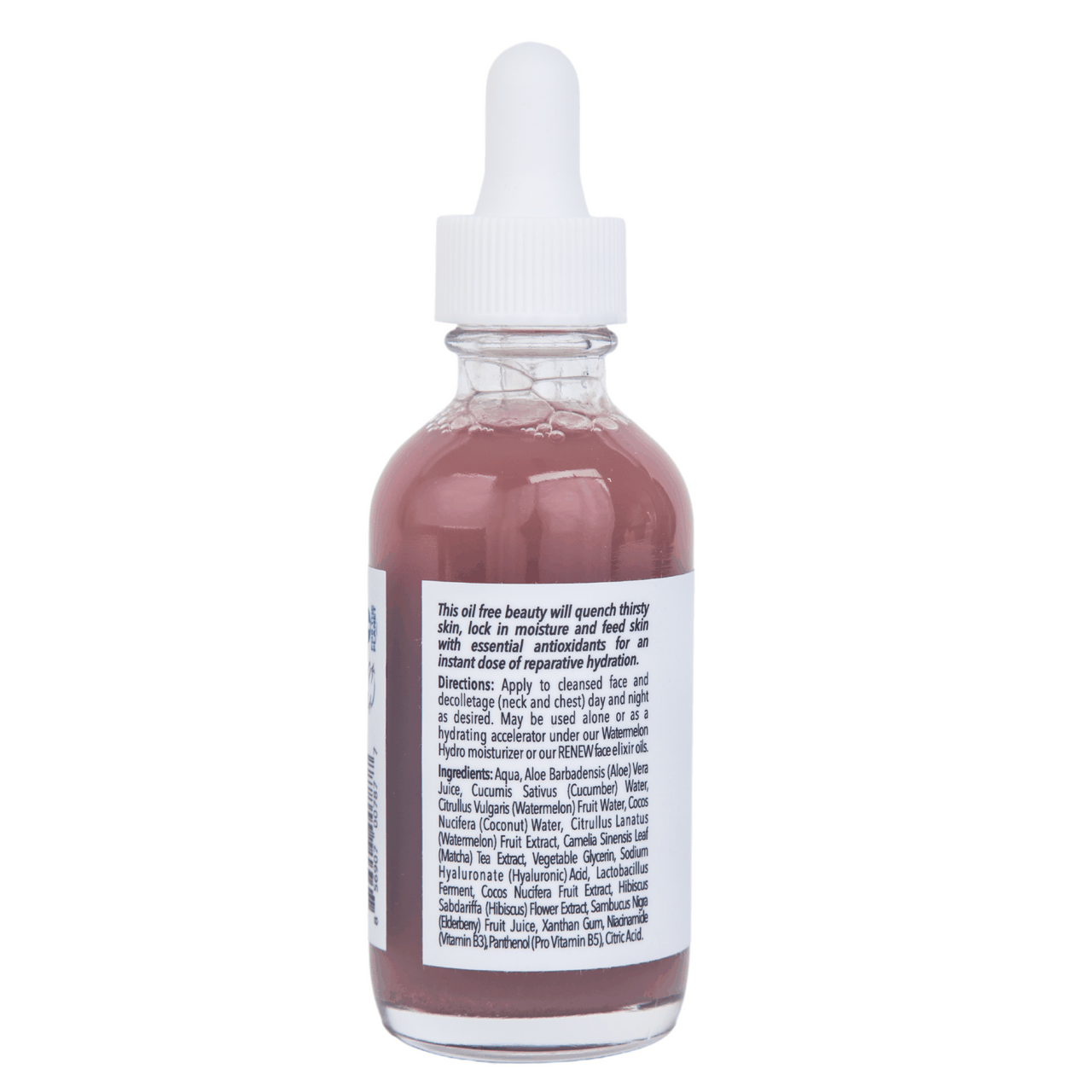 Watermelon Drops gel hydrator serum bottle, back label with ingredients and directions